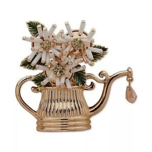 Anne Klein Gold Tone Flower Pot Brooch Pin Stunning Women's Fashion Crystal NEW